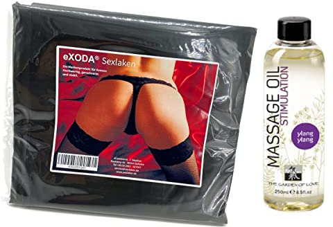 Exoda Sexlaken Schwarz 200x230 cm wasserdicht mit 250 ml Shiatsu Massage Öl für entspannende Massagen vielseitige Wellness pflegeleicht langlebig für grenzenlosen Spaß