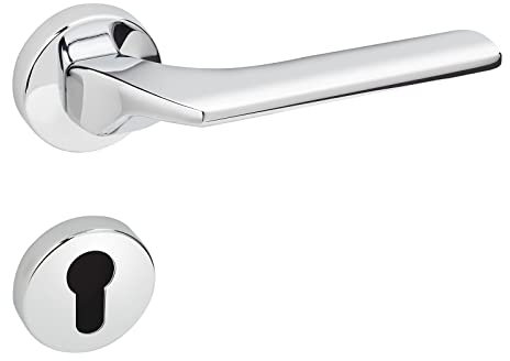 Design Drückergarnitur Aluminium Türbeschlag Türgriff Innentüren auf Rund-Rosette CARL PZ - Profilzylinder Türdrücker Chrom poliert 1 Set - Zimmertür-Garnitur mit Schrauben von Sotech
