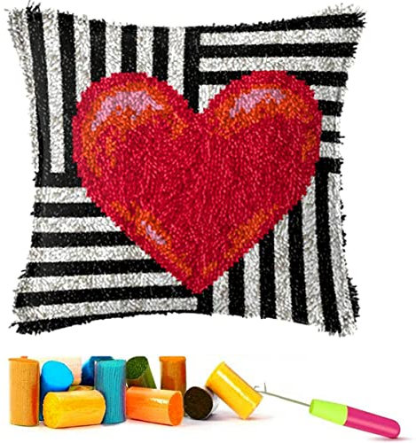EMISTEM Latch Hook Kits for Adults - Latch Hook Pillow Kits for Kids, Crochet Yarn Kit for Beginners, DIY Needlework Crafts Cover Case with Printed Canvas, Gift Packaging. (Red Love,17x17 inch)
