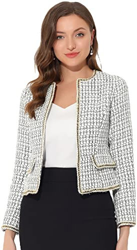 Allegra K Veste Courte en Tweed à Carreaux pour Femme Costume d'halloween Argent S