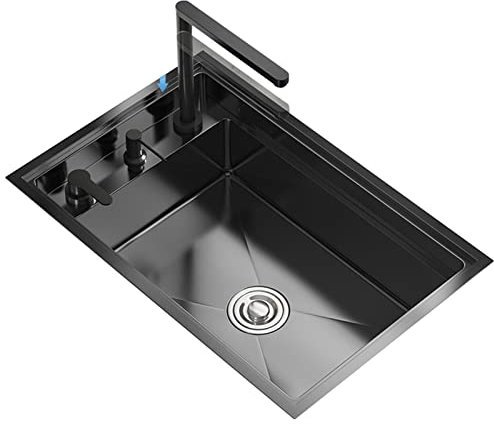 Fregadero Oculto Fregadero Individual Negro Fregadero Hecho A Mano con Dispensador De Jabón Fregadero De Estación De Trabajo Fregadero De Cocina Bajo Encimera con Grifo Elevador (Color : Nero, S : 7