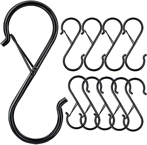 Zienlay 10 Stück S-Haken zum Aufhängen, 8,9 cm S-Haken, strapazierfähig zum Aufhängen von Kleidung, Pflanzen, schwarze S-förmige Haken mit Sicherheitsschnalle, Topflappen, Schrankhaken für