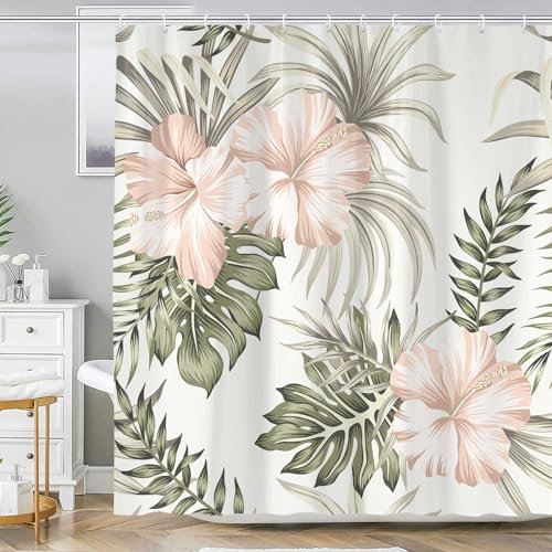 Emwnodti Tropical Floral Plant Shower Curtain for Bathroom, Vintage Hibiscus Flower Palm Leaves Sage Green Pink Shower Curtains Set, Foliage Fabric Bathroom Accessories with Hooks 60 x 72