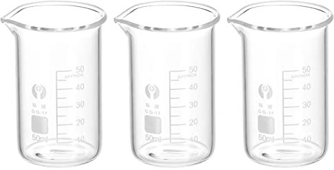 PATIKIL 3uds 50ml Alto Forma Vidrio Precipitados Vaso, 3.3 Borosilicato Vidrio Graduado Impreso Escala Medición Vasos con Caño para Cocina Laboratorio Líquidos