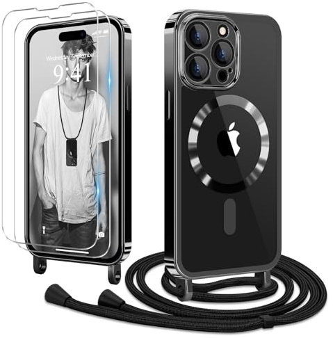 Ethanger für iPhone 14 Pro Max Hülle mit Band + 2 Schutzfolie, Schwarz | Handyband Transparent Silikon Handyhülle, Magnetische Schutzhülle Case zum Umhängen Kordel