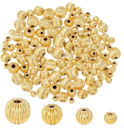 PH PandaHall 120 Stück 18 Karat Gold Abstandsperlen 4 Größen Gewellte Runde Perlen 3/4/5/6mm Metall Abstandsperlen Laternenkugel Lose Perlen Für Ohrringe Halsketten Armbänder Schmuckherstellung