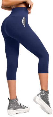 Walifrey High Waisted Capri Leggings for Women UK with Pockets ,3/4 Length Opaque Gym Leggings for Yoga Workout Navy Blue XXL