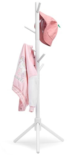 Cozivolife Kid's Coat Rack Stand Beech Wood Clothes Tree, Height Adjustable Freestanding Child Jacket Holder with 9 Hooks, Hanging Hats and Handbags, Hallway, Entryway,Bedroom, Easy Assembly(White)