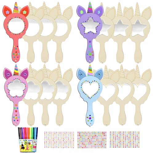Zkaoai Einhorn Bastelset Holzspiegel Holz Basteln Einhörner Holzspiegel zum Bemalen, Einhorn Spiegel Basteln Diy Holzspiegel Handwerk Mädchen Geschenk Party