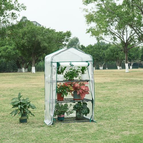 [en.casa] Gewächshaus Chaam Foliengewächshaus mit 3 Ablagen Treibhaus mit aufrollbarer Tür Tomatengewächshaus Anlehngewächshaus für Balkon, Garten, Terrasse 125x69x49cm Weiß