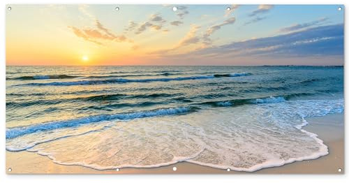 MuchoWow© Gartenposter Groß XXL Outdoor Bilder Gartendeko für draußen | 200x100 cm - Wetterfest Garten Deko Banner Gartendekoration Bild Strand - Meer - Sonnenuntergang - Welle