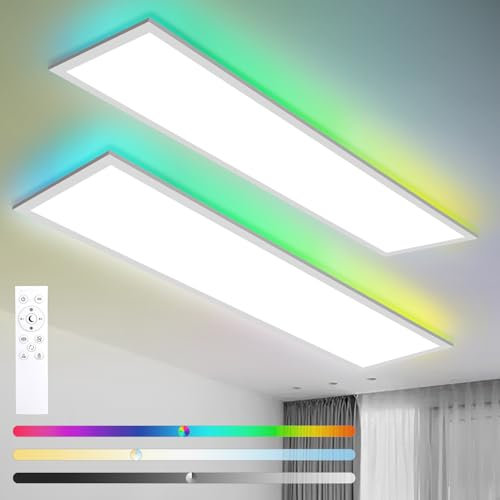 IEGLED 2 Stück LED Panel 120x30cm Deckenlampe Flach Dimmbar mit Fernbedienung, 40W 4400LM Deckenpanel mit RGB Backlight, 3000K-6500K LED Deckenleuchte für Wohnzimmer, Büro, Schlafzimmer, Weiß