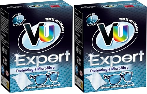VU Expert – Nettoyant Optique – 20 Lingettes – Lingettes Nettoyantes Lunettes Microfibre – Nettoie et respecte tous les verres (Lot de 2)