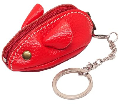 BAWAKO Mini Maus Shape Schlüsselanhänger aus Leder Kleingeldbörse Mäuschen - Mini Schlüsseltasche Münzbörse Schlüsselring Kinder und Erwachsene (Rot)
