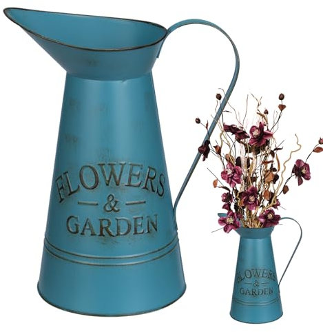 Vintage Metal Flower Vase - Farmhouse Rustic Metal Milk Can Pitcher - Dried Flower Jug for Home, Garden, Wedding Decoration