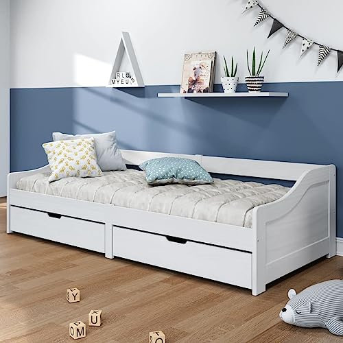 Willood Tagesbett Jugendbett Kinderbett mit 2 Schubladen iRun Weiß 90x200cm Massivholz Kiefer