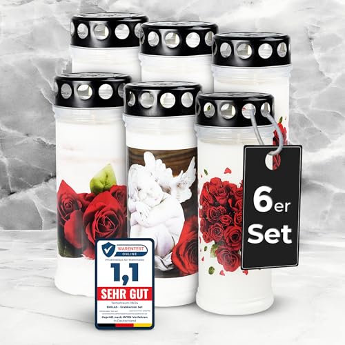 6er Set EMILAS GRABKERZEN 7 Tage Brenndauer – Trauerkerzen für ein stilvolles Grabdeko – Grabschmuck mit 4 Motiven – Grablichter mit Deckel – Friedhofskerze für Ruhestätten