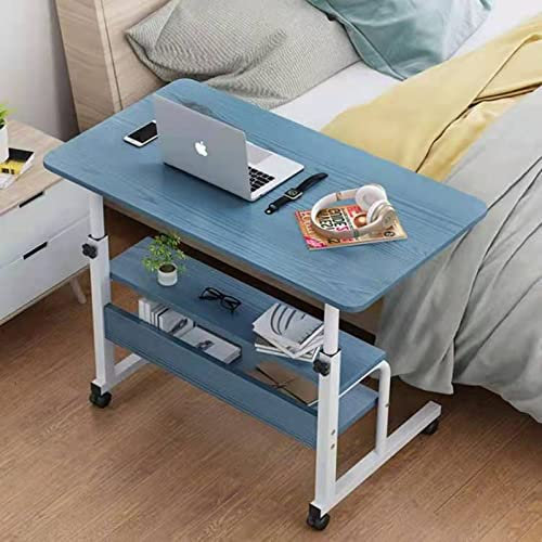 GUIXAN Overbed Table Adjustable Height with Wheels, Movable Side Table Over Bed Sofa End Table with Storage Bedside Laptop Table for Couch, Living Room,Blue