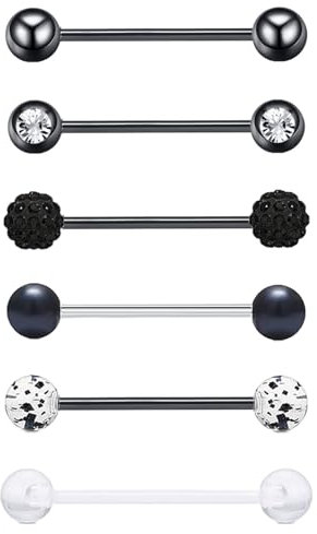 Gojewen 6er Zungenpiercing Chirurgenstahl 16mm Stablänge Piercing Zunge Tongue Schmuck 14G Verschiedene Kugeln Schwarz