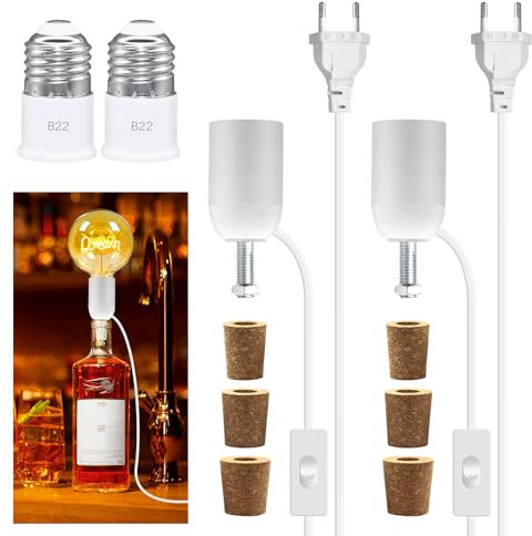 Lampenfassung für Flaschen, 2 Stück E27 Fassung mit Kabel und Schalter 7.87Ft, DIY Flaschenlampe Aufsatz für Tischlampe, Flaschenadapter Lampe, Flaschenaufsatz Lampe, 3-Typen Bung für Flasche, 60W