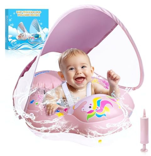 BNEHHOV Salvagente Neonato Ciambella Neonato con Parasole Piscina Neonato 6-36 Mesi Salvagente con Mutandina Rimovibile Caratteristiche Antiribaltamento Baby Pool Float UPF50+ Protezione UV