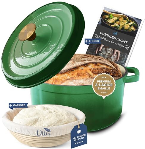 Ottia Cast Iron Pot Bread Baking [Including Proofing Basket] – Enamel Pot 26 cm – Dutch Oven, Bread Baking Tin, Bread Baking Pot, Casserole Dish with Lid, Stewing Pot – Also for Induction | Dealer