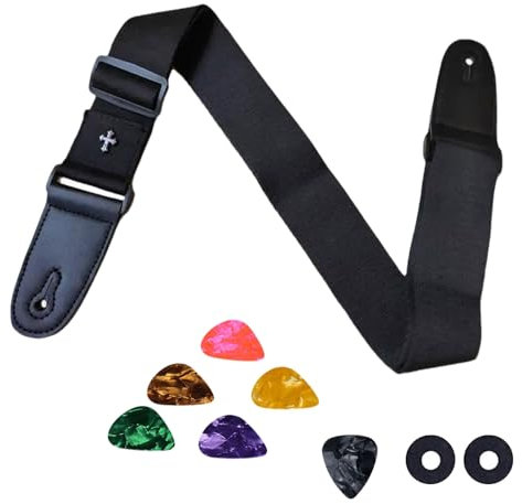 Vroxdrez Gitarrengurt Schwarz Baumwolle, Einstellbar & 5 cm Breit,Für Bass, E-Gitarre & Akustikgitarre,Mit stabilen PU-Lederenden für Komfort & Halt