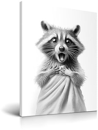 HesenDot Waschbär Handtuch Badezimmer Wandbild, 30x40cm Tierkunst Leinwandbild, Lustiges Tier Poster mit Rahmen, Schwarz-Weiß Humorvolle Wanddeko für Bad Kinderzimmer Gäste-WC