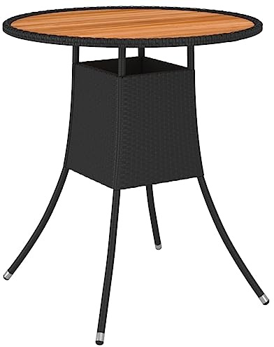 Qnhdfrt Runder Esstisch Outdoor Ø 70 cm Schwarz PE Rattan Massives Akazienholz wetterfester Gartentisch für Balkon Garten und Camping