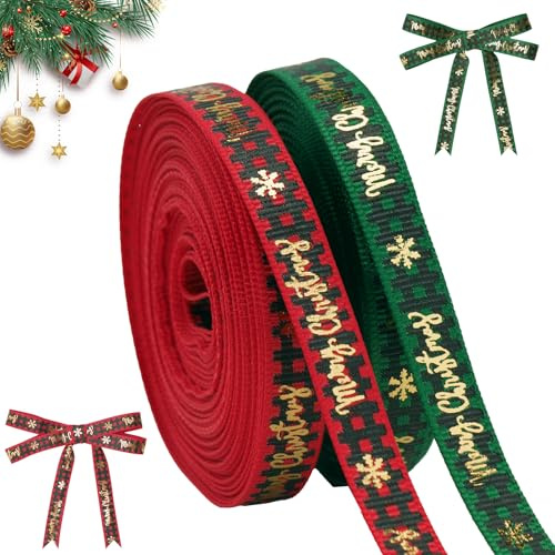 G2PLUS 2 Rouleaux Ruban de Noël:10 mm Ruban Satin Rouge et Vert Écossais de 10 Yards de Polyester Estampé à Chaud Merry Christmas,pour Emballage Cadeau,Noël,Mariage et Baptême
