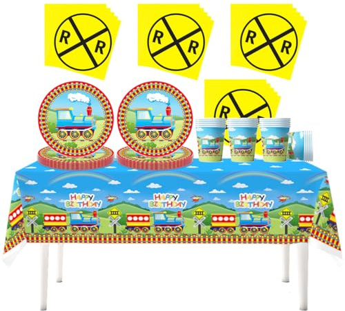 Fuwraixis Kleiner Zug Party Geschirr, 61 Stück Zug Gleise Kinder Geburtstag Geschirr, Regenbogen Wolken Party Dekoration zubehör set, Pappteller Pappbecher Servietten Tischdecken