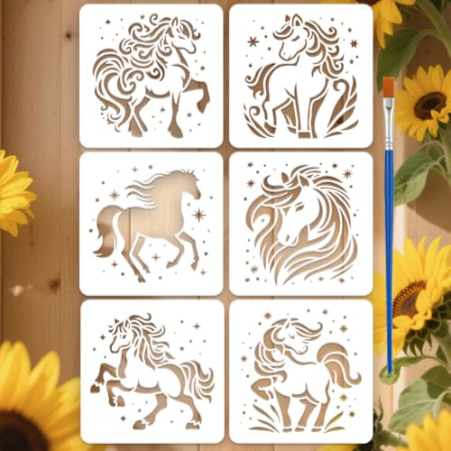 FINGERINSPIRE 6 Stück Pferdeschablonen 15x15cm Magische Pony Zeichenvorlagen Cartoon Pferde Malschablone Wiederverwendbare Schablone Mit Pinsel Zum Malen Auf Holz Wänden Leinwand Stoff Kunstprojekten
