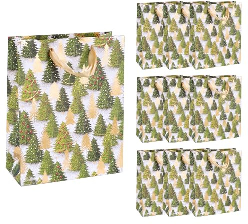 Idena 90397 - Geschenktaschen Tannenbaum, 10 Stück in Grün-Gold, Papiertüten in der Größe 23 x 18 x 8 cm, Geschenktüten für Weihnachten
