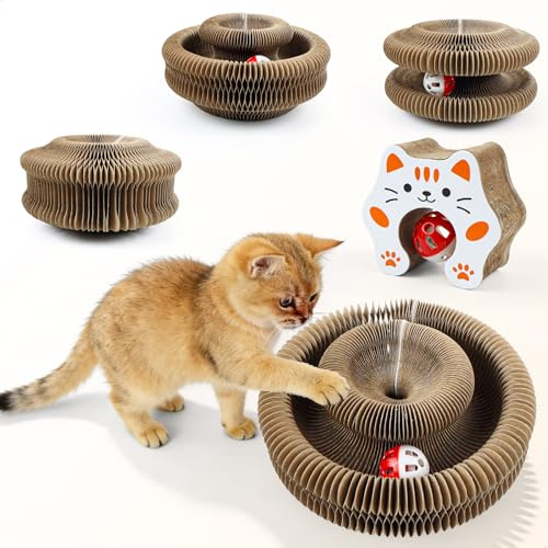 Rascador para Gatos, Cat Scratcher con Bola Campana, Juguete de Cartón para Gatos, Juguetes Gato Interactivos, Tablero Accordion para Gato, Plegable