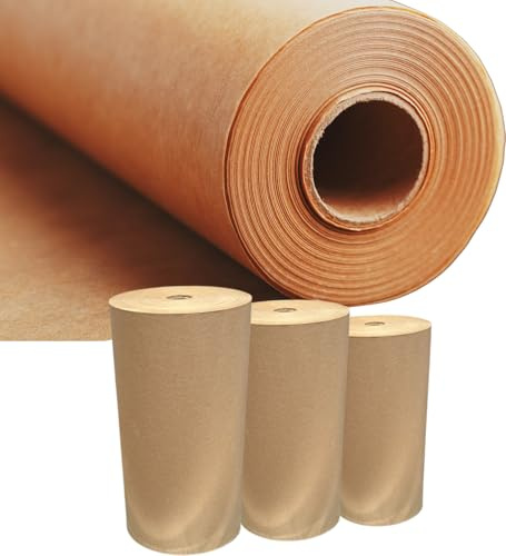 Rolle aus naturbraunem Kraftpapier. Erhältlich in Längen von 100 bis 300 Metern und Breiten von 30, 60, 90 oder 105 cm. (30 cm x 100 m - 45g/m2)
