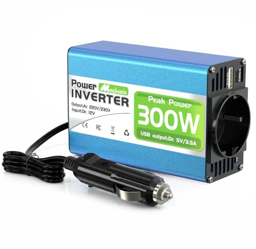 150W/300W Car Power Inverter 12V to 230V/240V Converter, Car Charger Lighter Adapter USB-A and USB-C 3A Charging Ports - Blue Aluminum Body