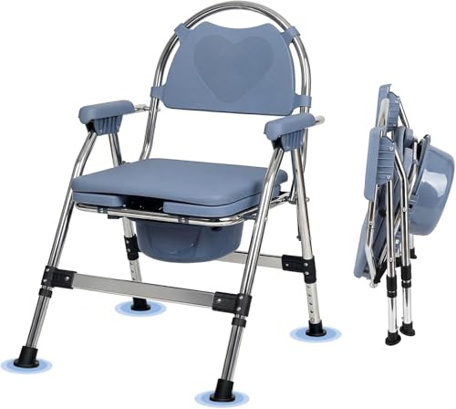 Commode Toilet Chair, Height Adjustable Bedside Commode Chairs, Foldable Toilet Chair Shower Chair with Arm Support and Padded Over Seat Flat Pack Aid for Elderly