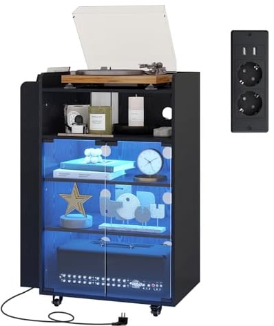 YU YUSING HiFi Rack mit Steckdosenleisten LED-Leuchten4 Ebenen mit Rädern | Fernbedienung und USB-Steckdosen, Multimediaregal für Plattenspieler & Stereoanlagen & Kompaktanlage, 64x40x90,5cm