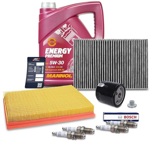 BESTPRICE Inspektionspaket Set C mit 1x Ölfilter, 1x Innenraumfilter (Aktivkohle), 1x Luftfilter, 4x Zündkerze, 1x Ölablassschraube, 1x Ölwechselanhänger + 5l 5W-30 MANNOL ENERGY PREMIUM Motoröl
