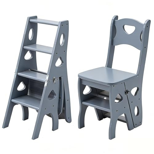 HJYXXSR Four-Step Wooden Folding Ladder Chair,Lightweight and Portable Ladder Rack,Indoor and Outdoor Display Rack/Flower Stand,Folding Dining Chair,Wooden Library Ladder Gray
