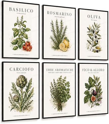 PosterPost 6x Mediterrane Küchenposter Kräuter Set DIN A4 | Botanische Kräuter Poster und hochwertige Kunstdrucke als mediterrane Wanddeko für Küche, Esszimmer, Café-Ecke & Küchenbar | Made in Germany