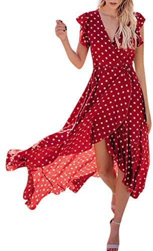 Robes Longue De Plage Femme Ete Robes à Manche Courte à Pois Robe Boho BohèMe Robe D'ÉTé Maxi Robe Col V Pas Cher Robe De Cocktail Grande Taille Robe De SoiréE Robe Causal Jupe (L(EU38), Rouge)