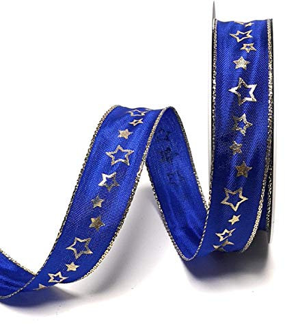 Schleifenband 20m x 25mm Blau - Gold Sterne Dekoband Geschenkband [1755]