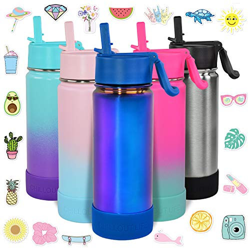 CHILLOUT LIFE Isolierte Kinder-Wasserflasche für die Schule, mit Strohhalm-Deckel, auslaufsicher und niedlich, wasserfest, personalisierbar, Edelstahl-Thermosflasche, Metall-Wasserflasche,