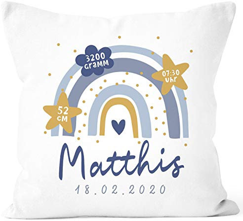 SpecialMe® personalisierbarer Kissen-Bezug zur Geburt Geburtskissen Regenbogen Herzen Geschenk Geburt Baby Jungen weiß 40cm x 40cm
