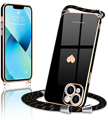 Wirvyuer Handyband Kompatibel mit iPhone 13 Handyhülle Necklace Hülle mit Band zum Umhängen Kameraschutz Liebesherz Schutzhülle mit Halsband Galvanik Silikon Umhängetasche für iPhone 13 Schwarz