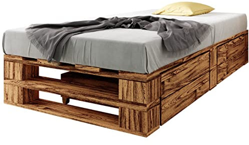 sunnypillow Palettenbett M2 aus Holz 120 x 200 cm mit Lattenrost und 2 Bettkästen. Stabiles Seniorenbett Kinderbett Jugendbett Gästebett erhöhtes Einzelbett Bettgestell Futonbett Komforthöhe Geflammt