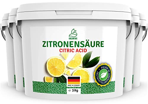 GREENFOXX Zitronensäure Pulver Lebensmittelqualität 5x 3 kg Eimer - gibt Lebensmittel Geschmack – als Entkalker und Reinigungsmittel vielseitig in Küche, Bad und Haushalt anwendbar