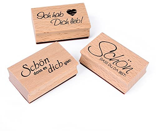 ewtshop® 3er Set Holzstempel mit den Stempeltexten: Schön, dass du da bist, Ich hab dich lieb, Schön, dass es dich gibt! Für Ostern und andere Festlichkeiten