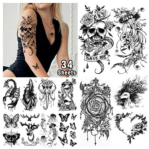 Acevegue 34 Blätter Temporäre Tattoos Zum Aufkleben - Wasserfeste Körper Make-up für Frauen, Damen, Erwachsene - Karneval Festival Accessoires